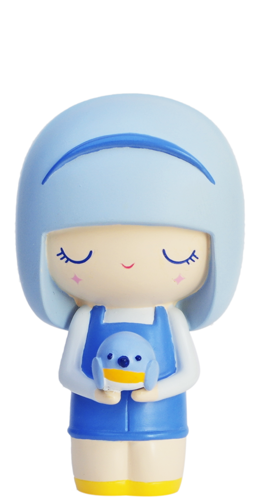 Bluebird (2nd production): Momiji doll with blue hair and outfit, holding a round toy, both smiling with cute expressions. — Momiji Doll