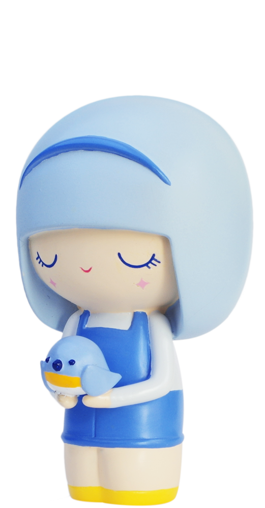 Bluebird Momiji doll with blue hair, closed eyes, holding a blue bird, and wearing yellow shoes. Kawaii collectible character. — Momiji Doll