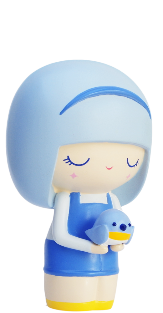 Bluebird (2nd production) Momiji doll with blue hair and dress, holding a blue bird, eyes closed, smiling. — Momiji Doll