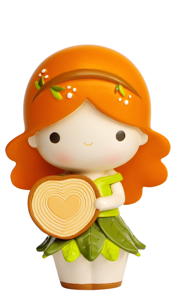 Kindness Momiji doll with orange hair, green dress, holding a heart-shaped tree ring; kawaii collectible keepsake. — Momiji Doll