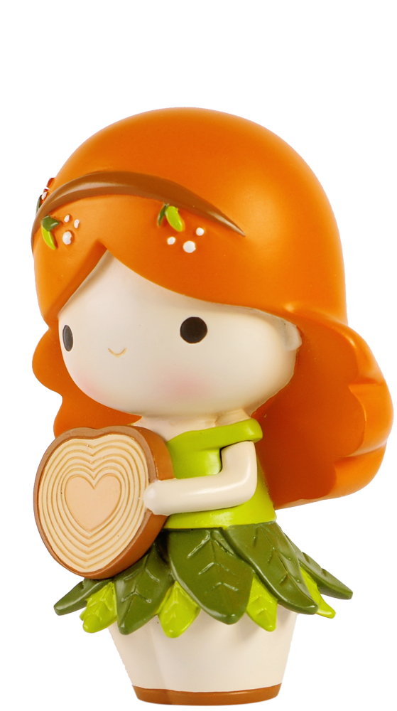 Kindness Momiji doll with orange hair, a green dress, gentle smile, and holding a heart-shaped tree ring. — Momiji Doll