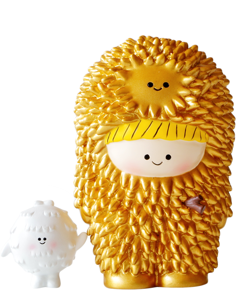 A golden Treeson figure and a small white Momiji doll, each with a kawaii smiling face, displayed side by side. — Momiji Doll