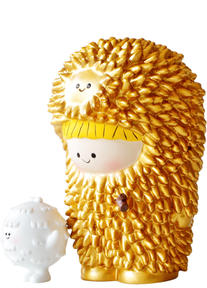 Golden Treeson Momiji doll: smiling, spiky golden suit, holds a tiny white creature. Cute Tokyo-inspired collectible. — Momiji Doll