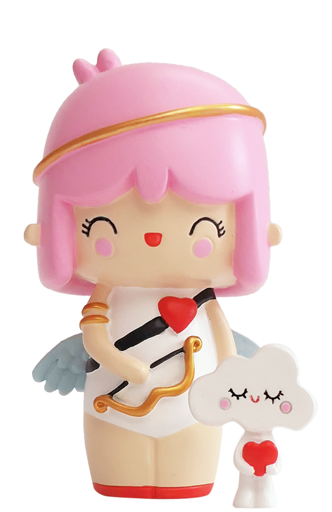Cupid & Cloud 9 Momiji doll with pink hair, white dress, wings, bow, and heart beside a happy white cloud. — Momiji Doll