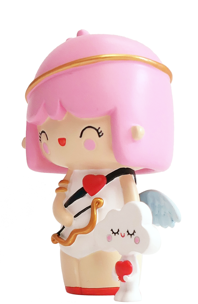 Cupid & Cloud 9 Momiji doll with pink hair, heart, and bow, sitting on a white cloud. Collectible and perfect for gifting. — Momiji Doll