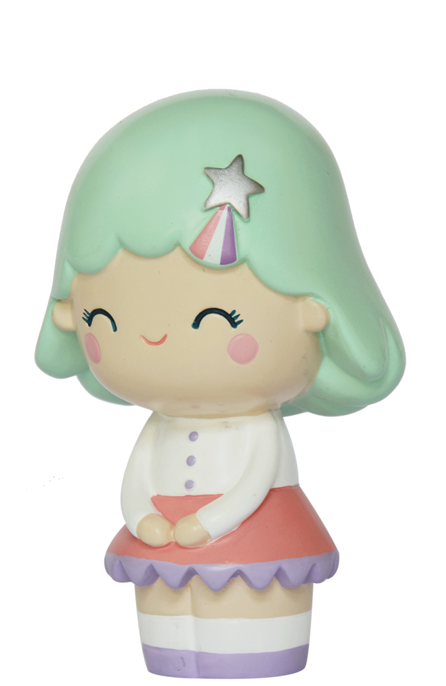Birthday Girl Mint Momiji doll with mint green hair, star hair clip, white top, pink skirt, and hands clasped in front. — Momiji Doll