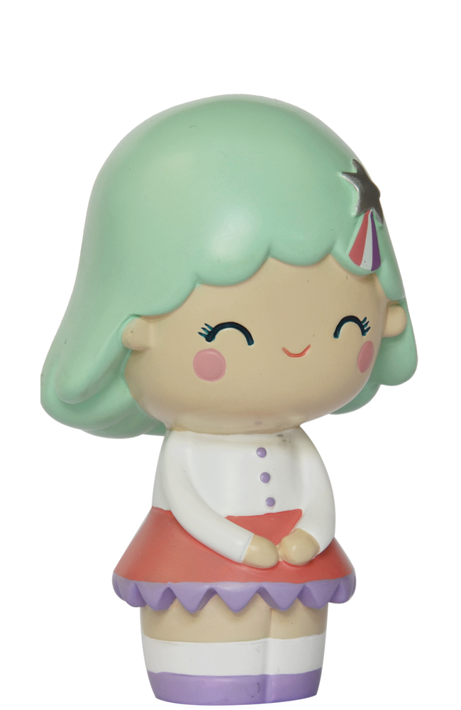 Birthday Girl Mint Momiji doll with mint green hair, white top, red skirt, star detail, and a sweet smile. — Momiji Doll