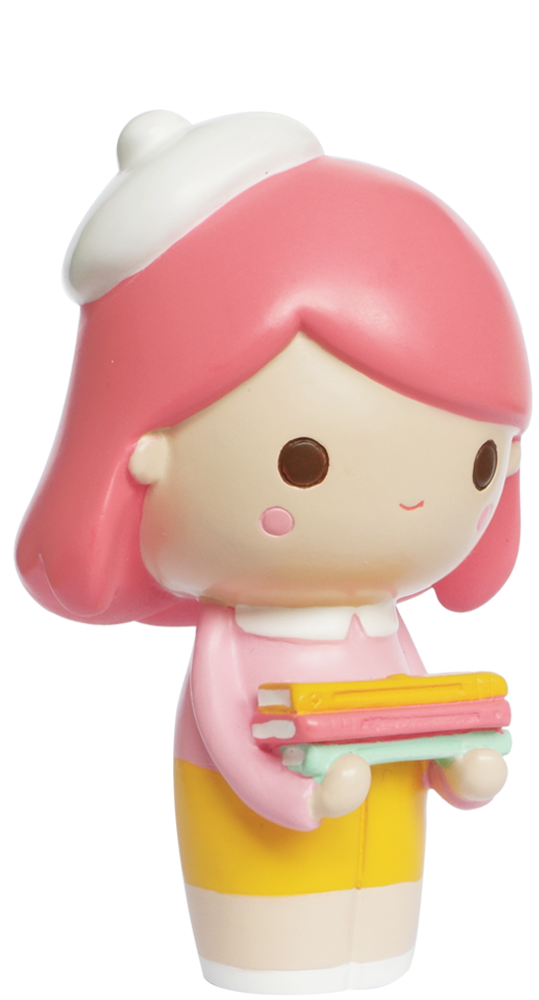 Curiosity HN Momiji doll with pink hair, white beret, yellow skirt, holding colorful books. Secret message slot underneath. — Momiji Doll