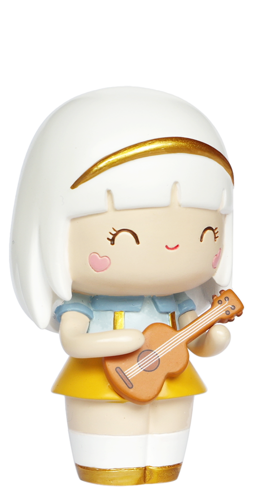Harmony Momiji doll with white hair, gold headband, yellow skirt, holding a small brown guitar—kawaii collectible character. — Momiji Doll