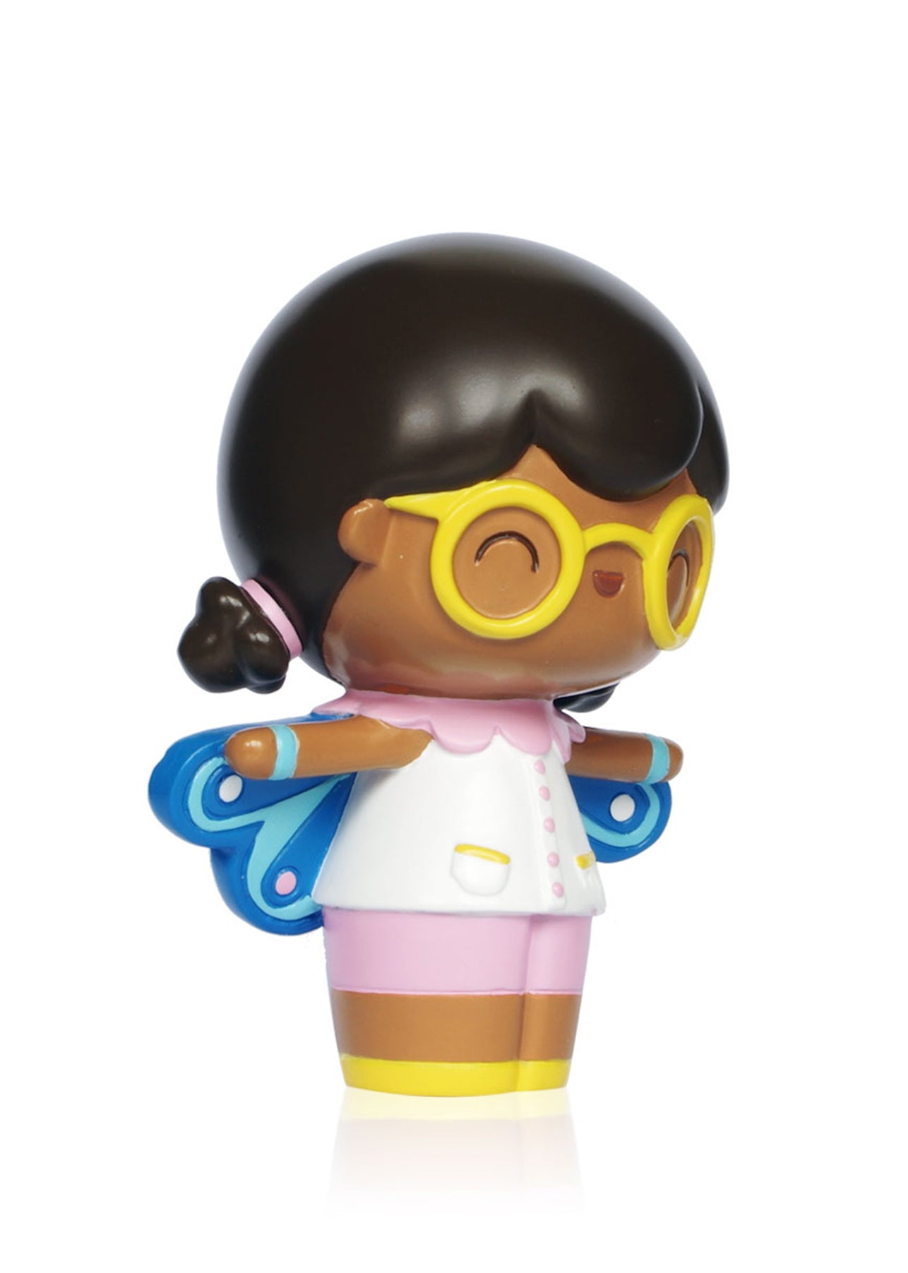 Momiji doll "Butterfly": smiling girl with glasses, wings, pigtails, white shirt, pink shorts; collectible vinyl character. — Momiji Doll