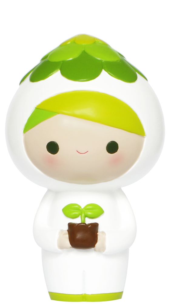 Bloom Momiji doll in a white outfit with green leaf hat, smiling and holding a small potted plant. — Momiji Doll