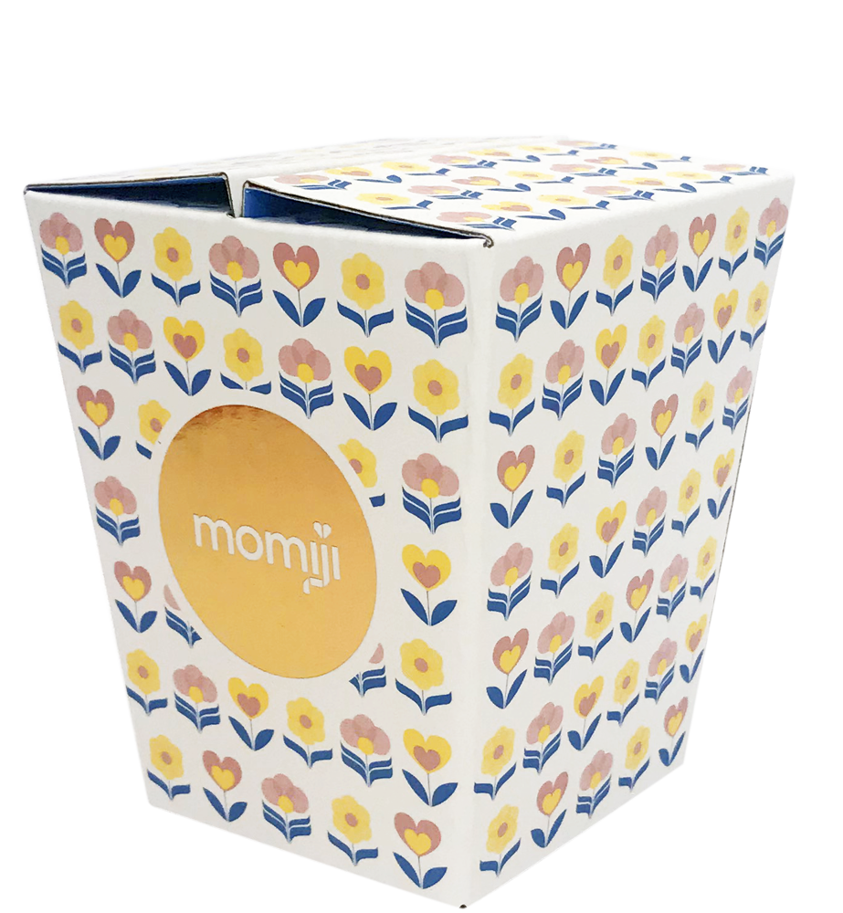 A Janis J Momiji doll gift box with a floral design and yellow circle label, perfect for storing your Momiji doll's secret message. — Momiji Doll