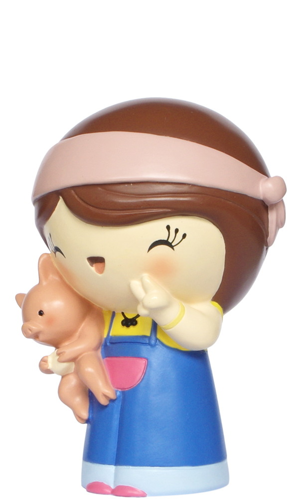 Janis J Momiji doll: smiling girl in blue overalls, holding a pink cat, making a peace sign. Character stores a secret message inside. — Momiji Doll