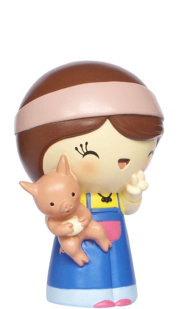 Momiji doll Janis J in a blue dress, pink shoes, holding a pig and making a peace sign with one hand. — Momiji Doll