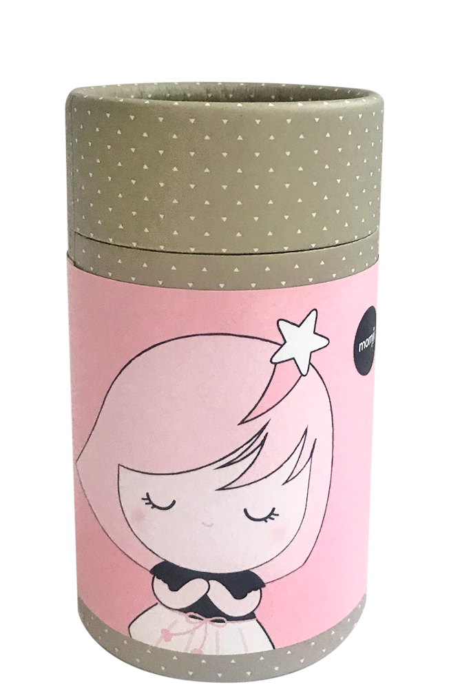 Wish Upon a Star Momiji doll in round cardboard box with pink label, featuring a kawaii girl—hides secret message inside. — Momiji Doll
