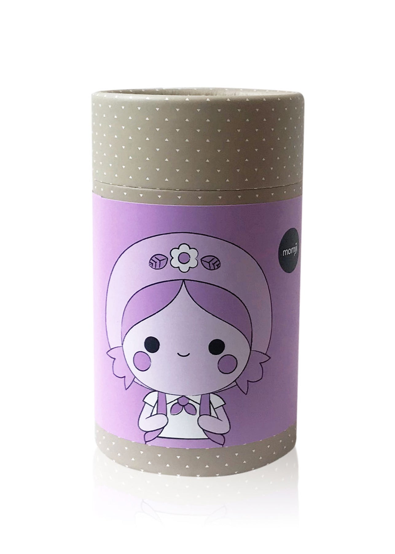 Momiji doll on "Adventure" container; girl character in a beret, purple label, white background. — Momiji Doll