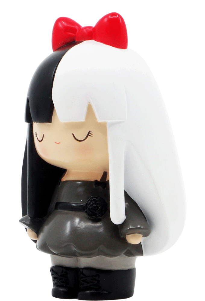 Storm Momiji doll stands upright with closed eyes, black and white hair, red bow, gray dress, and black boots. — Momiji Doll