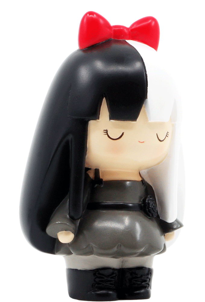 Storm Momiji doll with long black and white hair, red bow, gray dress, black boots, closed eyes and a gentle smile. — Momiji Doll