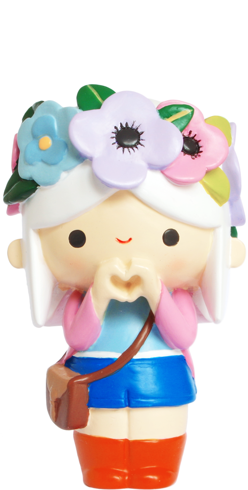 Blossom 2019 Momiji doll, 12cm, with white hair, flower crown, and heart-shaped hands. Secret message inside. — Momiji Doll