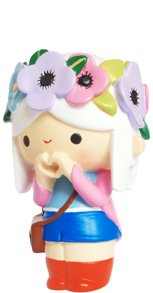 Blossom 2019 Momiji doll (12cm) with white hair, flower crown, pink top, blue skirt; kawaii collectible with secret message. — Momiji Doll