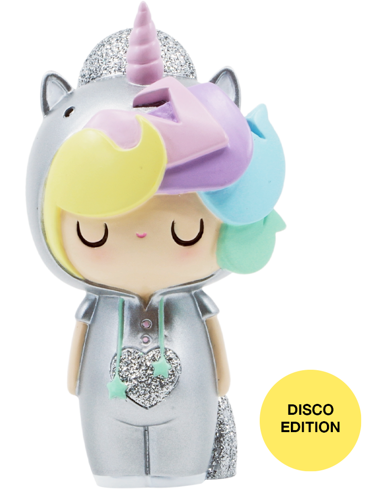 Little Starlight Girl Momiji doll in a silver unicorn costume, with vibrant multicolored hair and holding a pink heart. — Momiji Doll