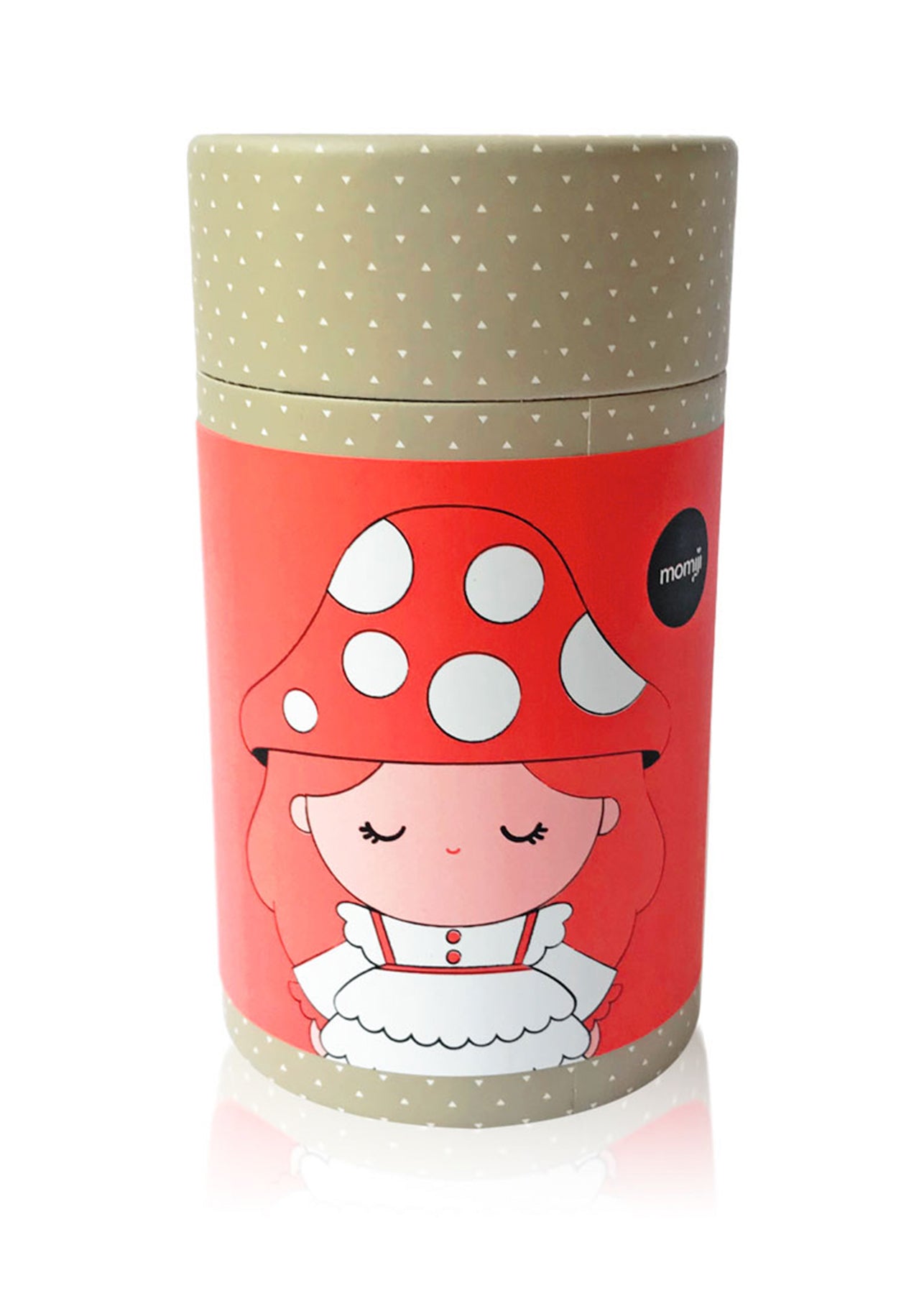 Momiji doll named Daydream with red mushroom hat in round container, designed in kawaii style; collectible or gift. — Momiji Doll