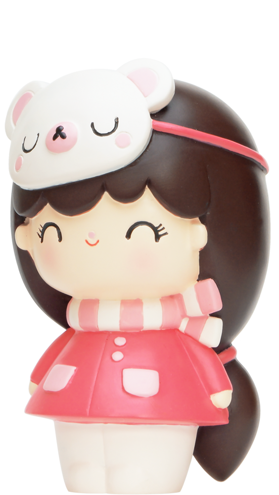 Winter Wonderland Momiji doll with long brown hair, pink coat, striped scarf and a bear sleep mask on her head. — Momiji Doll