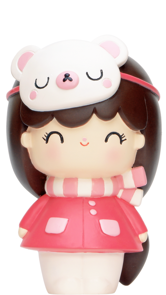Winter Wonderland Momiji doll with brown hair, pink coat, striped scarf, and bear sleep mask. Secret message inside. — Momiji Doll