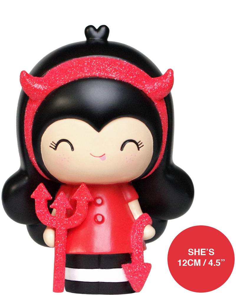 Scarlett Momiji doll, 12cm tall, long black hair, red devil horns, trident in hand, and a bright cheerful smile. — Momiji Doll