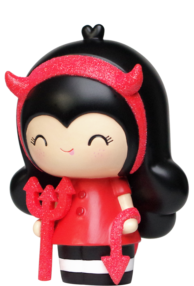 Scarlett Momiji doll, 12cm, black hair, red devil horns, striped leggings, red dress, holds a red pitchfork. — Momiji Doll