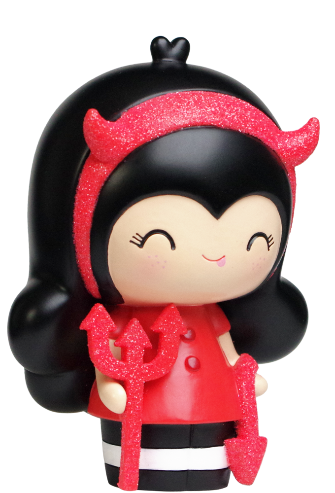 Scarlett Momiji doll, 12cm, chibi girl with devil horns and trident, smiling brightly. Collectible character from Tokyo street style. — Momiji Doll