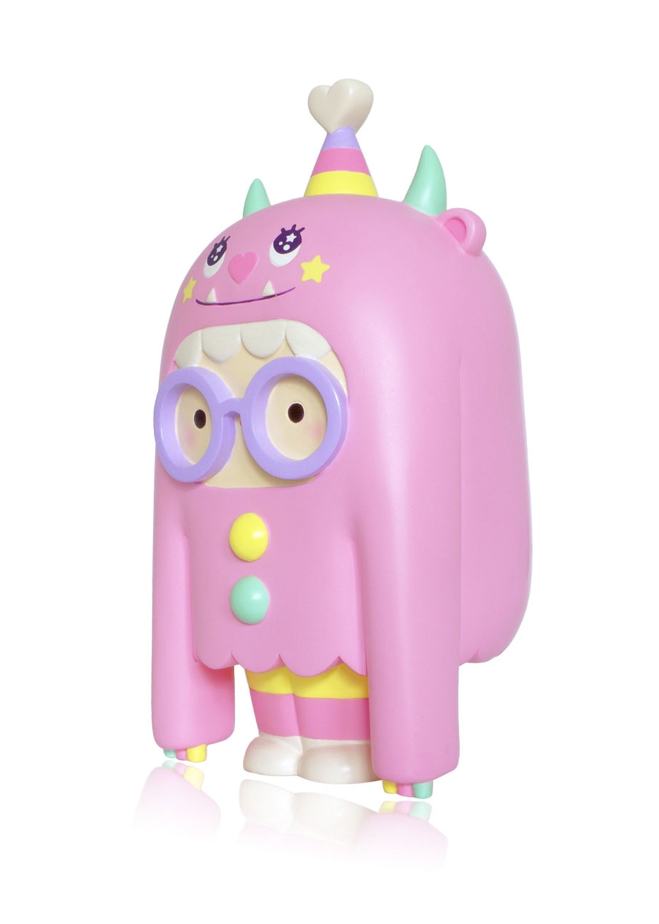 Play Big Ideas 2019 Limited Edition Momiji doll: pink cartoon monster with glasses, party hat, horns, and heart-shaped nose. — Momiji Doll