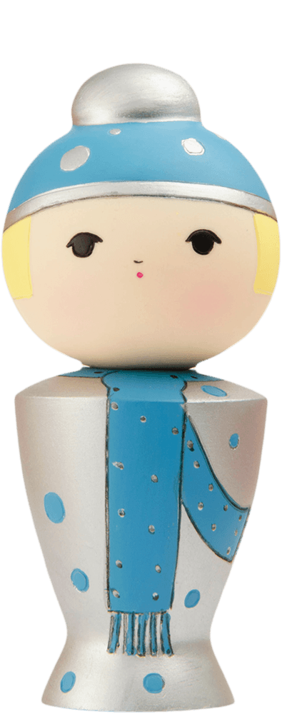 Snowflake Momiji doll with a round face, blue hat and scarf, decorated with silver and blue polka dots. — Momiji Doll