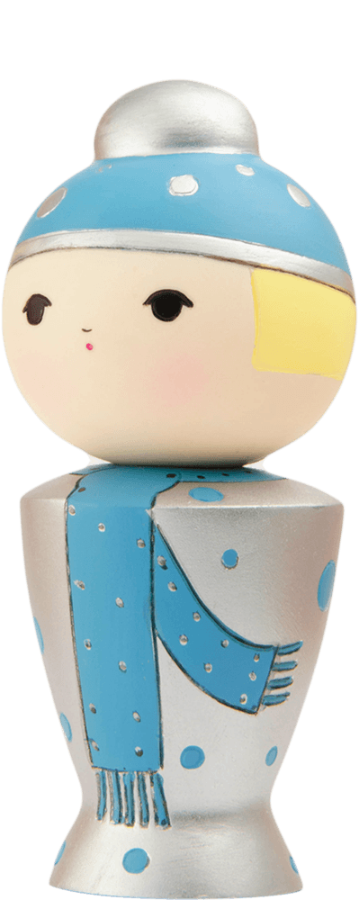 Snowflake Momiji doll wears a blue hat, has blond hair, and a blue scarf with silver polka dots. Collectible kawaii charm. — Momiji Doll
