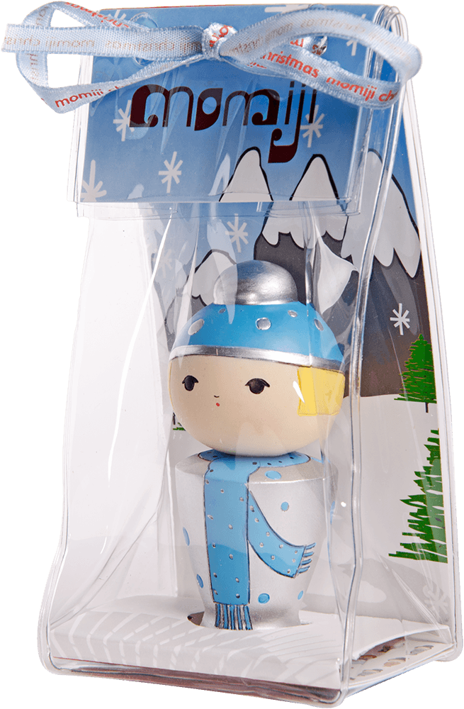 Momiji doll "Snowflake" in a blue winter outfit, displayed boxed with snowy mountain and tree background. — Momiji Doll