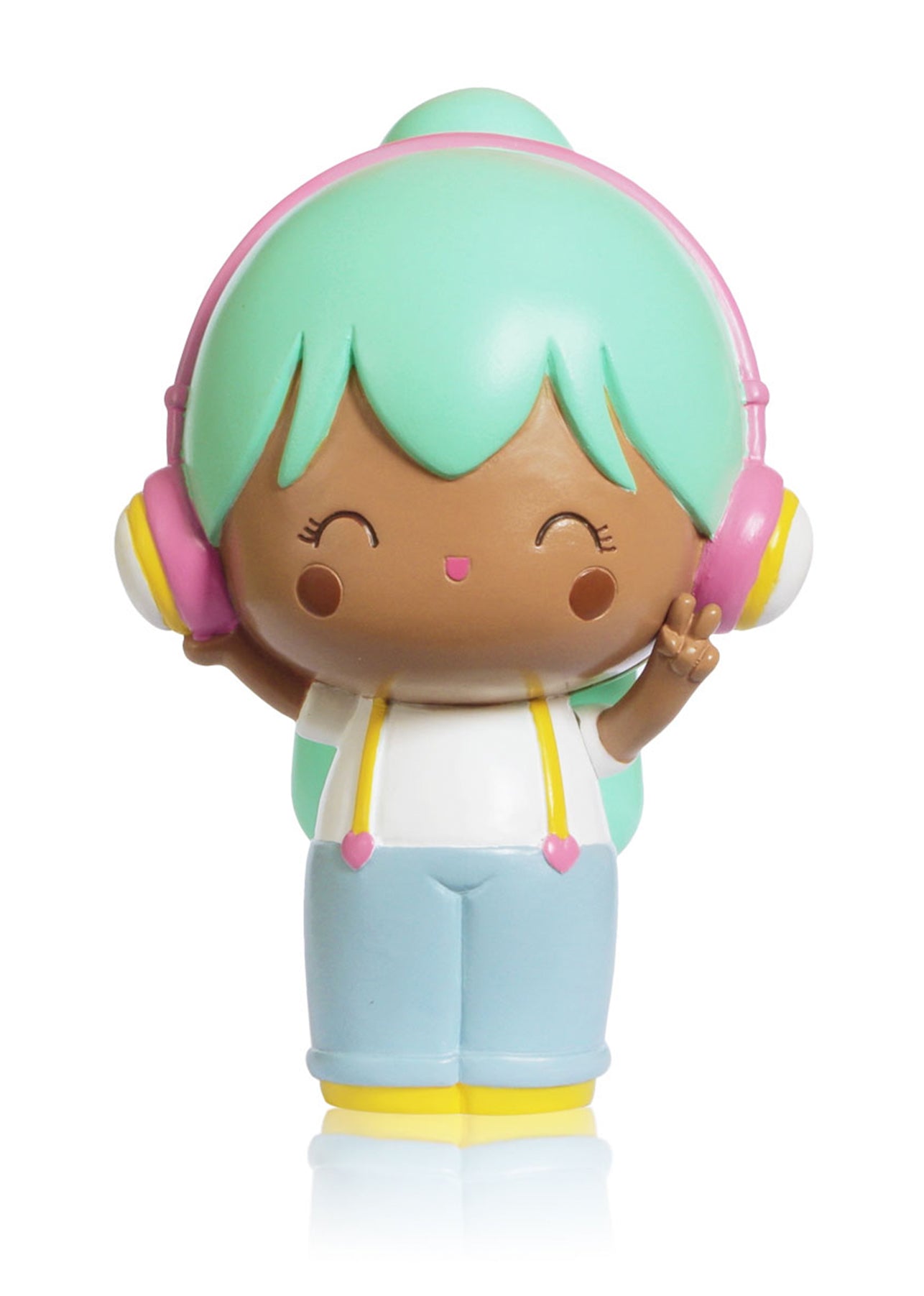 Melody Momiji doll with mint green hair, pink headphones, white shirt, blue pants, yellow shoes, flashing a peace sign. — Momiji Doll