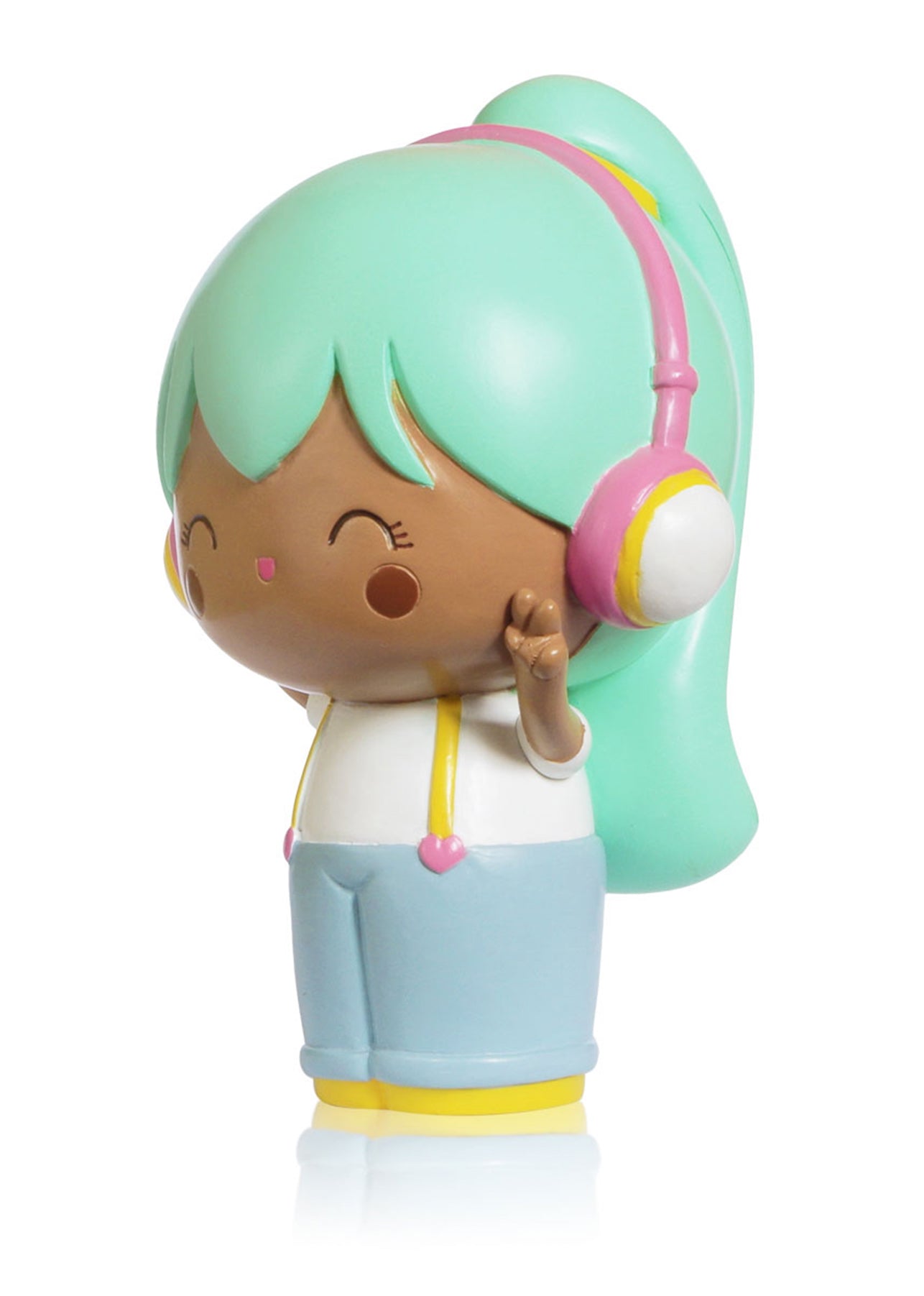 Melody Momiji doll has mint green hair, pink headphones, blue pants, and yellow shoes set against a white background. — Momiji Doll