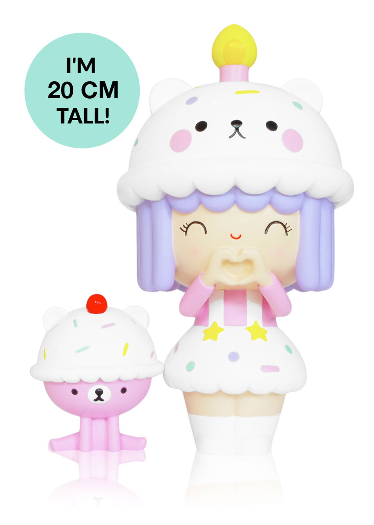 Big Birthday Momiji doll with purple hair, cupcake dress, bear hat, holding pink bear topped with a cherry. — Momiji Doll