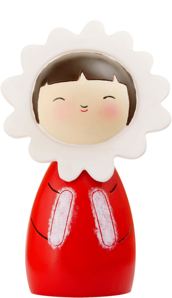 Cosy Momiji doll with round face, red coat, white mittens, and a pink flower-like hood, smiling brightly. — Momiji Doll