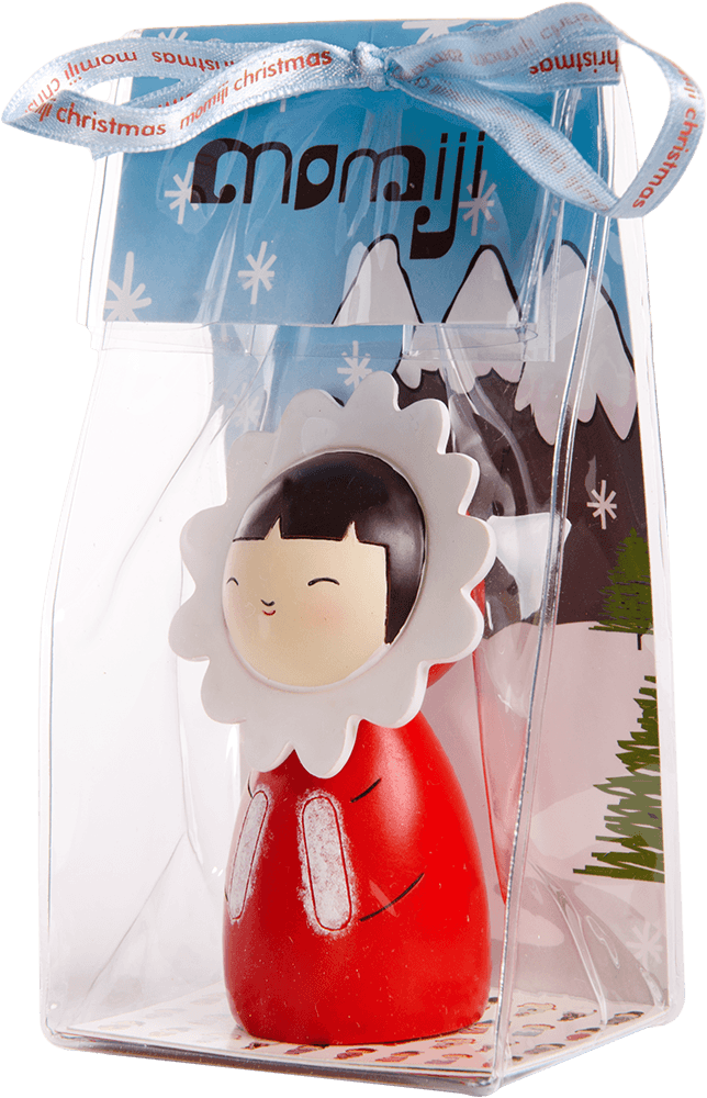 Cosy Momiji doll wears a flower-shaped white hood and red coat, displayed in clear winter-themed packaging. Secret message inside. — Momiji Doll