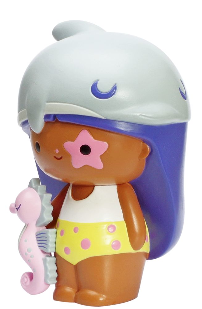 Beach Baby Momiji doll with purple hair, a whale hat, polka dot shorts, pink seahorse accessory, and star detail on its face. — Momiji Doll