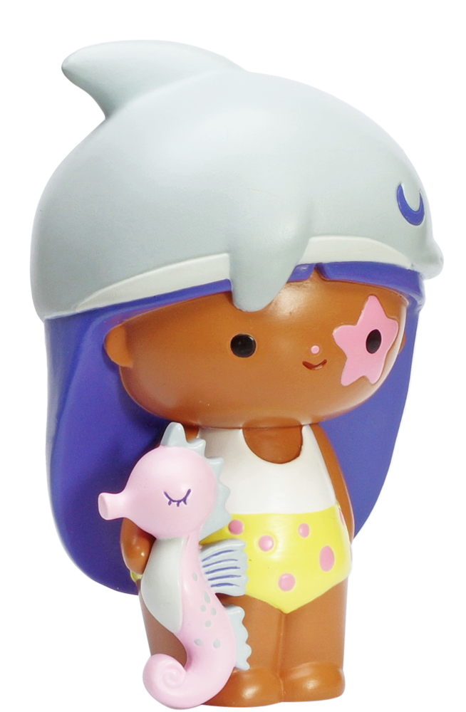 Beach Baby Momiji doll with purple hair, tan skin, shark hat, yellow shorts, and a pink seahorse plush. — Momiji Doll