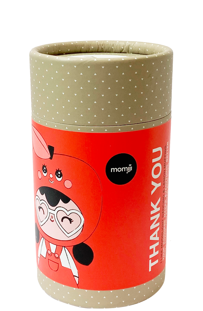 Thank You HN: Cylindrical gift box featuring a Momiji doll in a red bunny costume, with THANK YOU message and cute design details. — Momiji Doll