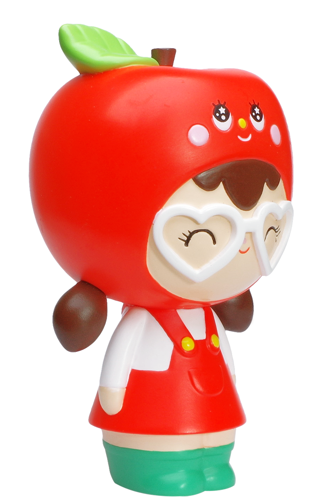 Thank You HN Momiji doll with smiling closed eyes, heart glasses, red overalls, apple hood, and green boots. — Momiji Doll
