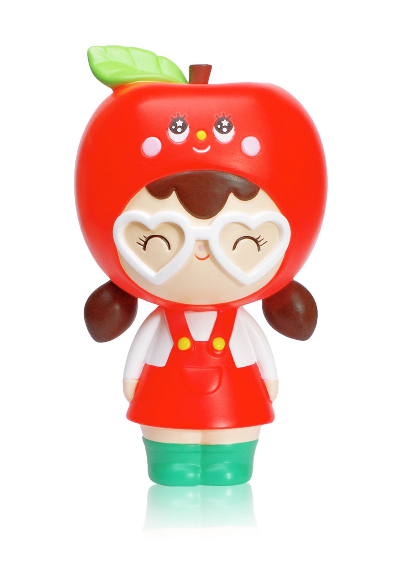 Thank You Momiji doll: red dress, heart glasses, apple hat, green boots, big smile; collectible character with secret message. — Momiji Doll