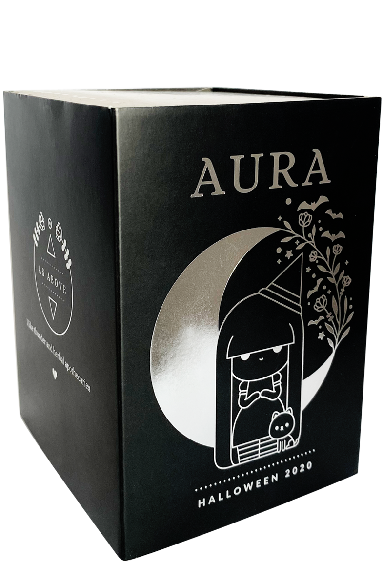 Black box featuring silver "Aura," Luli Bunny Momiji doll, cat, moon, and Limited Edition Halloween 2020 art on the front. — Momiji Doll