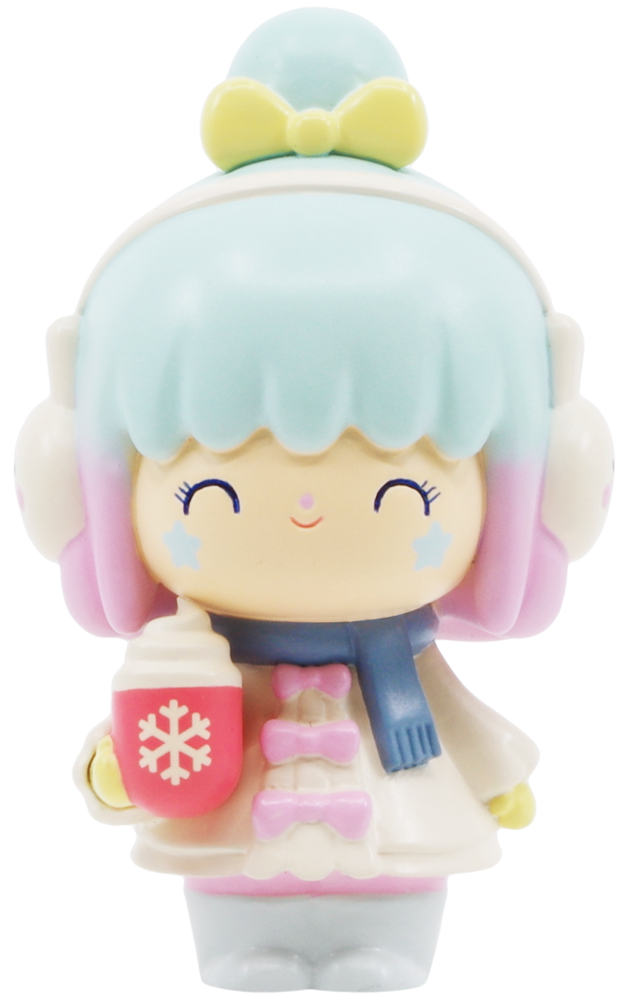 Winter Wonderland 2020 Momiji doll has blue hair, a pastel scarf, and hugs a red mug; cute collectible inspired by Tokyo/Seoul style. — Momiji Doll