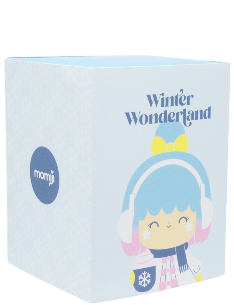 Light blue Winter Wonderland 2020 box with a kawaii Momiji doll wearing earmuffs and a scarf, designed in cute cartoon style. — Momiji Doll
