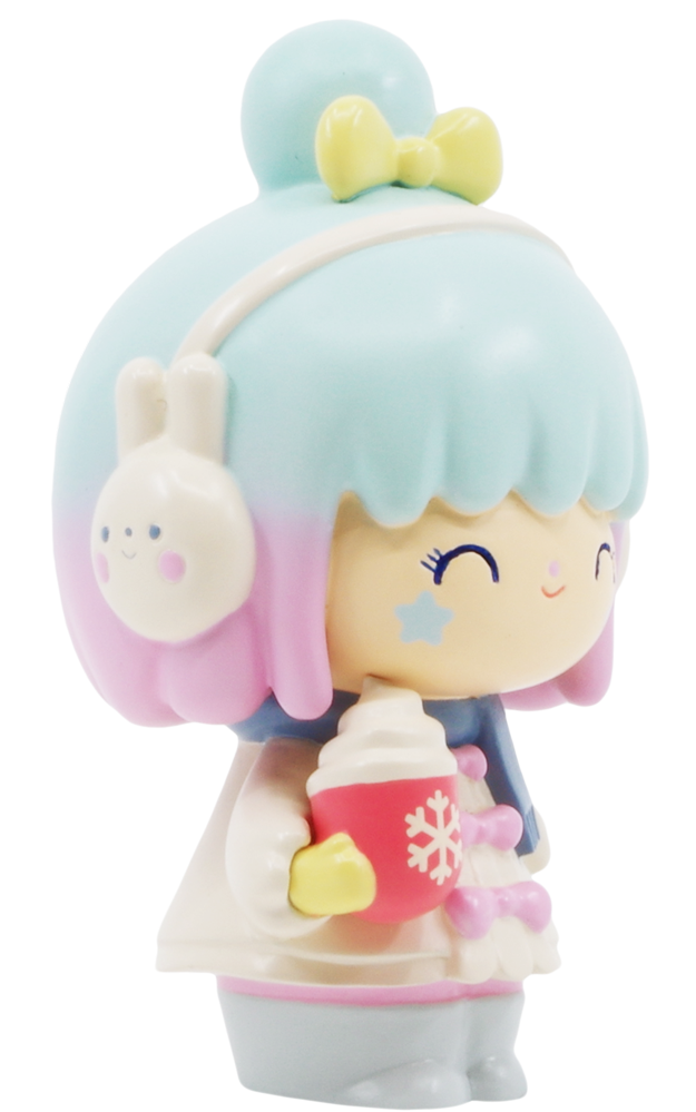 Winter Wonderland 2020 Momiji doll with blue hair, bunny earmuffs, and a red cup; pastel colors and kawaii collectible style. — Momiji Doll