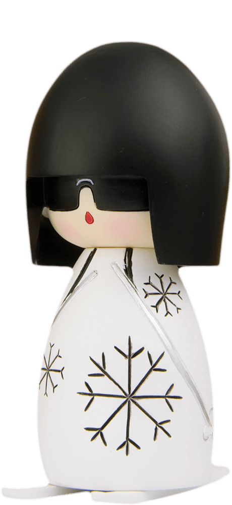 Woosh Momiji doll with a black bob hairstyle, sunglasses, and a white coat decorated with black snowflake patterns. — Momiji Doll